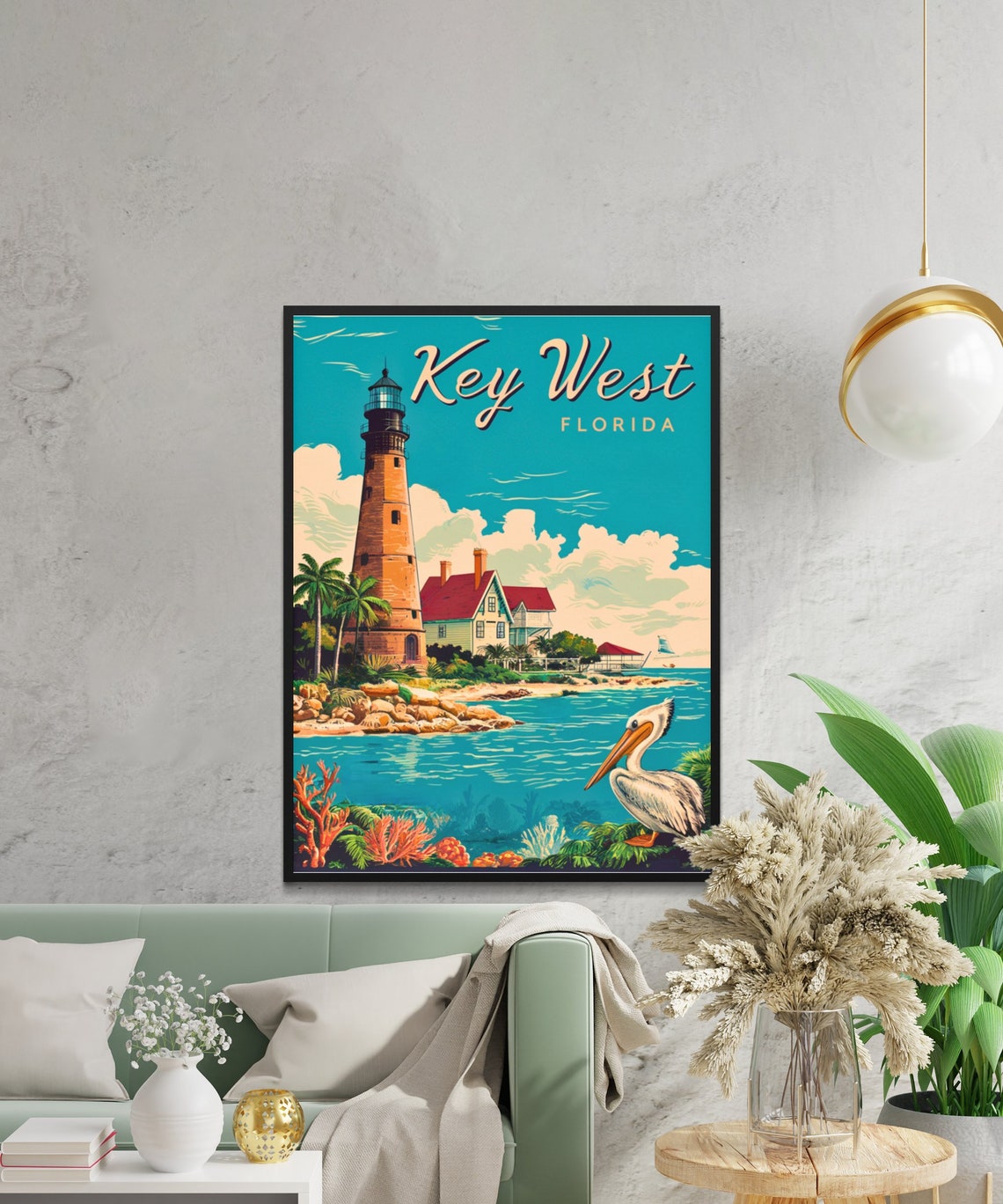 Key West Florida Lighthouse Pelican Coastal Vintage Travel Poster - Image 2