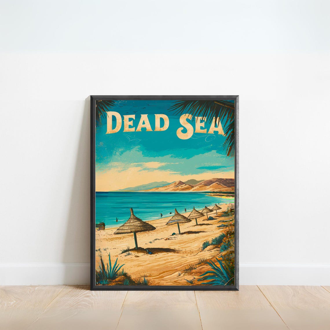 Dead Sea Beach Straw Umbrellas Sandy Shore Retro Sunset Travel Poster