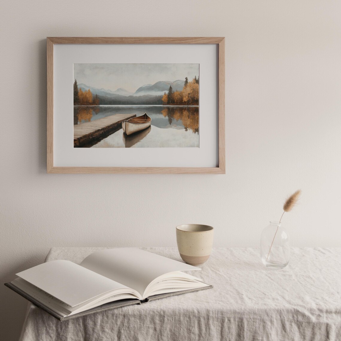 Fall Lake Row Boat Vintage Style Landscape Art Print - Image 2