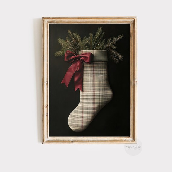 Vintage Christmas Stocking Print Plaid Stocking With Bow Moody Holiday Seasonal Art Dark Aesthetic Antique Wall Art P388
