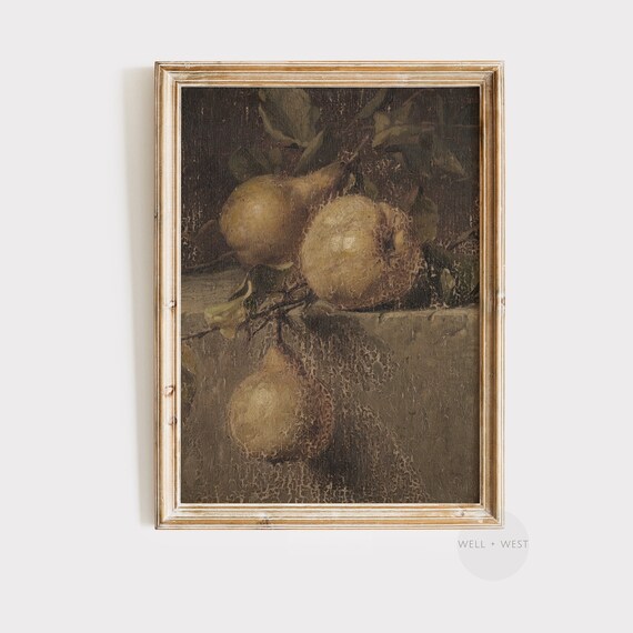 Vintage Pear Oil Painting Kitchen Wall Decor Summer Fruit Wall Art Moody Fall Home Decor Cottagecore Antique Print P034