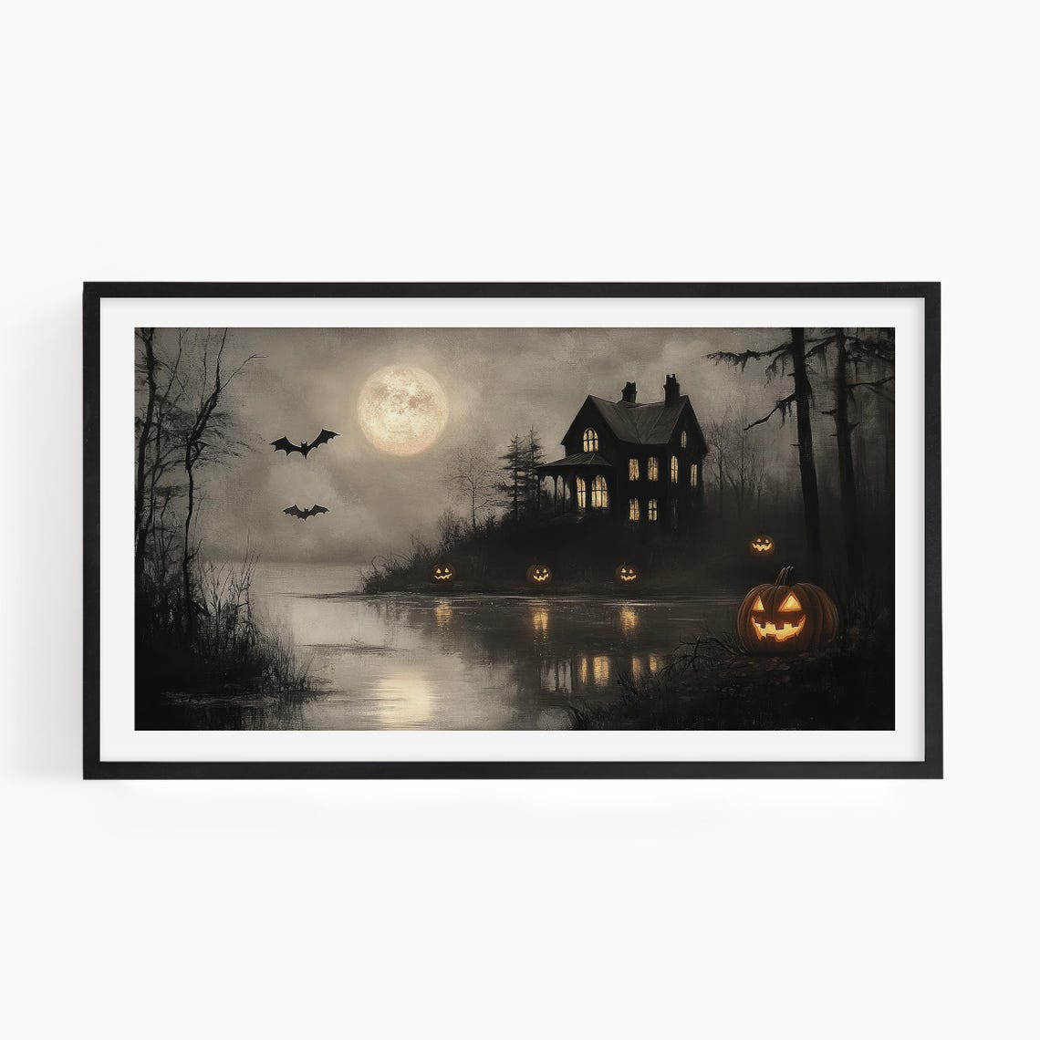 Haunted House Full Moon Bats Halloween Night Vintage Art Print - Image 2
