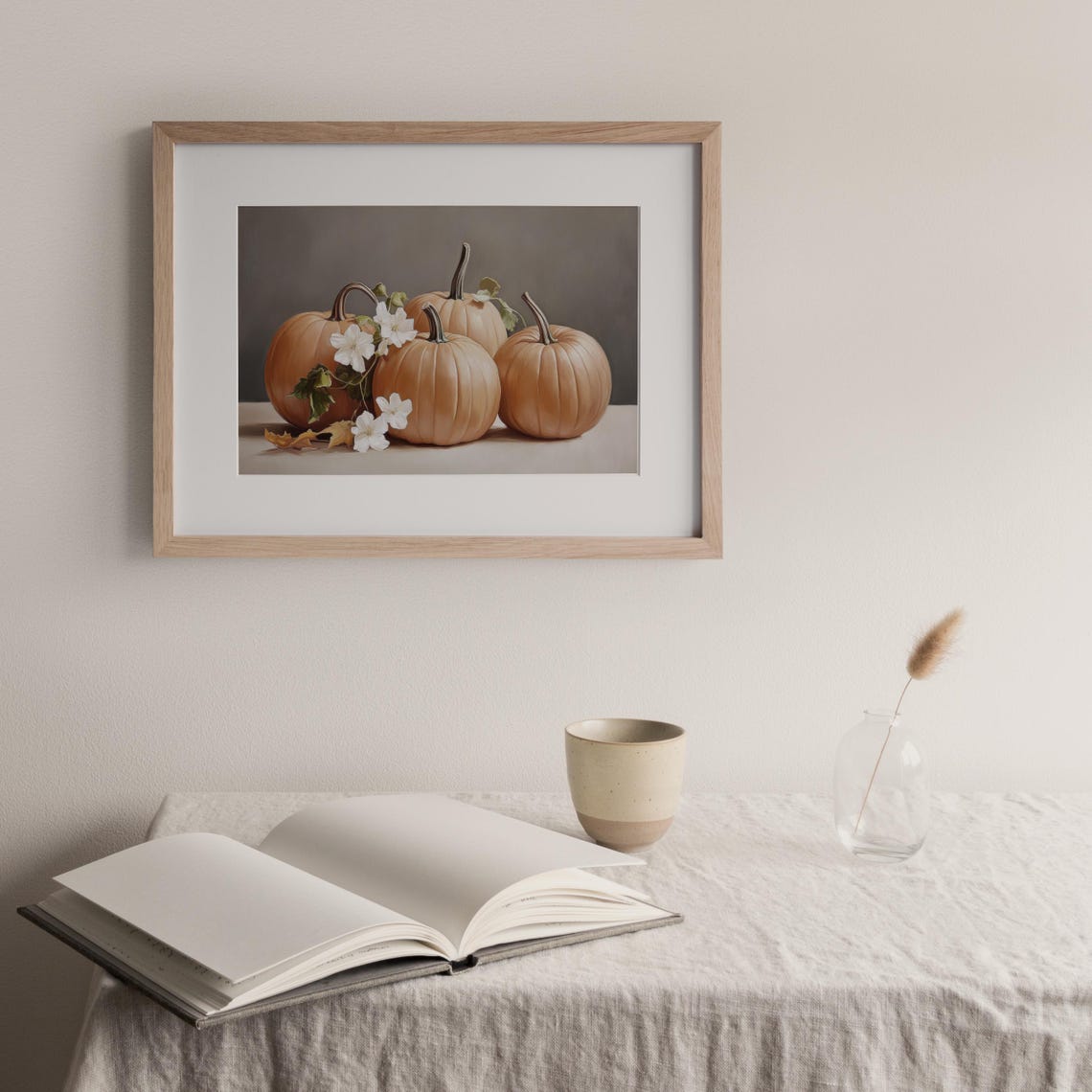 Four Pumpkins With White Blossoms Autumn Harvest Season Art Print - Image 3