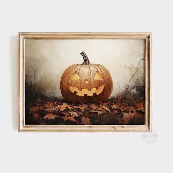 Glowing Jack O Lantern Pumpkin Autumn Leaves Vintage Fall Art Print