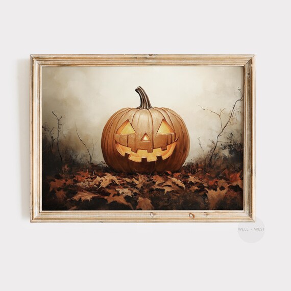 Jacko Lantern Print Vintage Style Pumpkin Painting Autumn Leaves Wall Art Halloween Art Moody Rustic Fall Decor P285