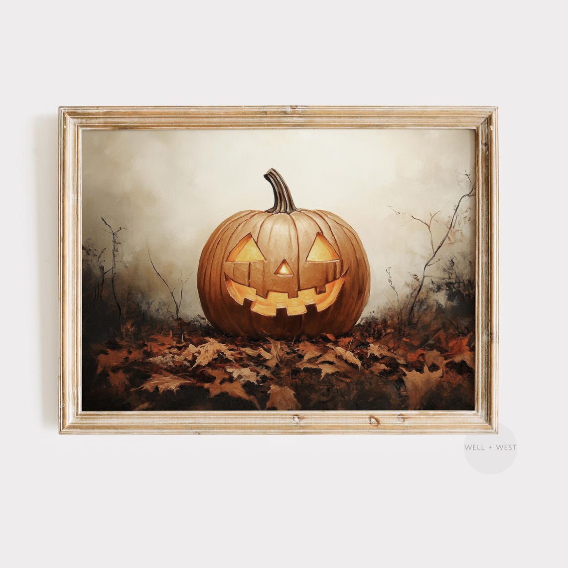 Glowing Jack O Lantern Pumpkin Autumn Leaves Vintage Fall Art Print