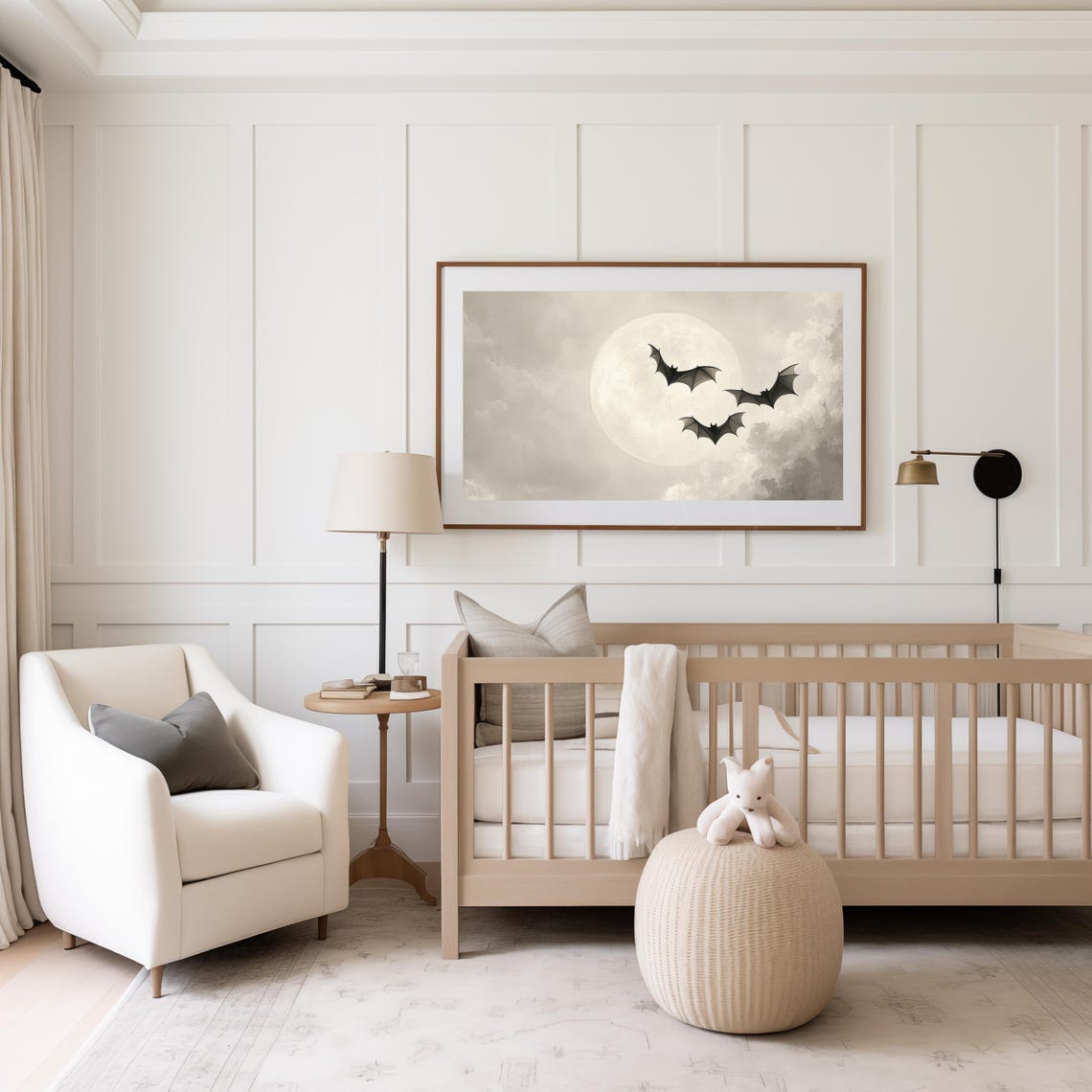 Neutral Halloween Bats Full Moon Light Beige Vintage Spooky Wall Art - Image 2