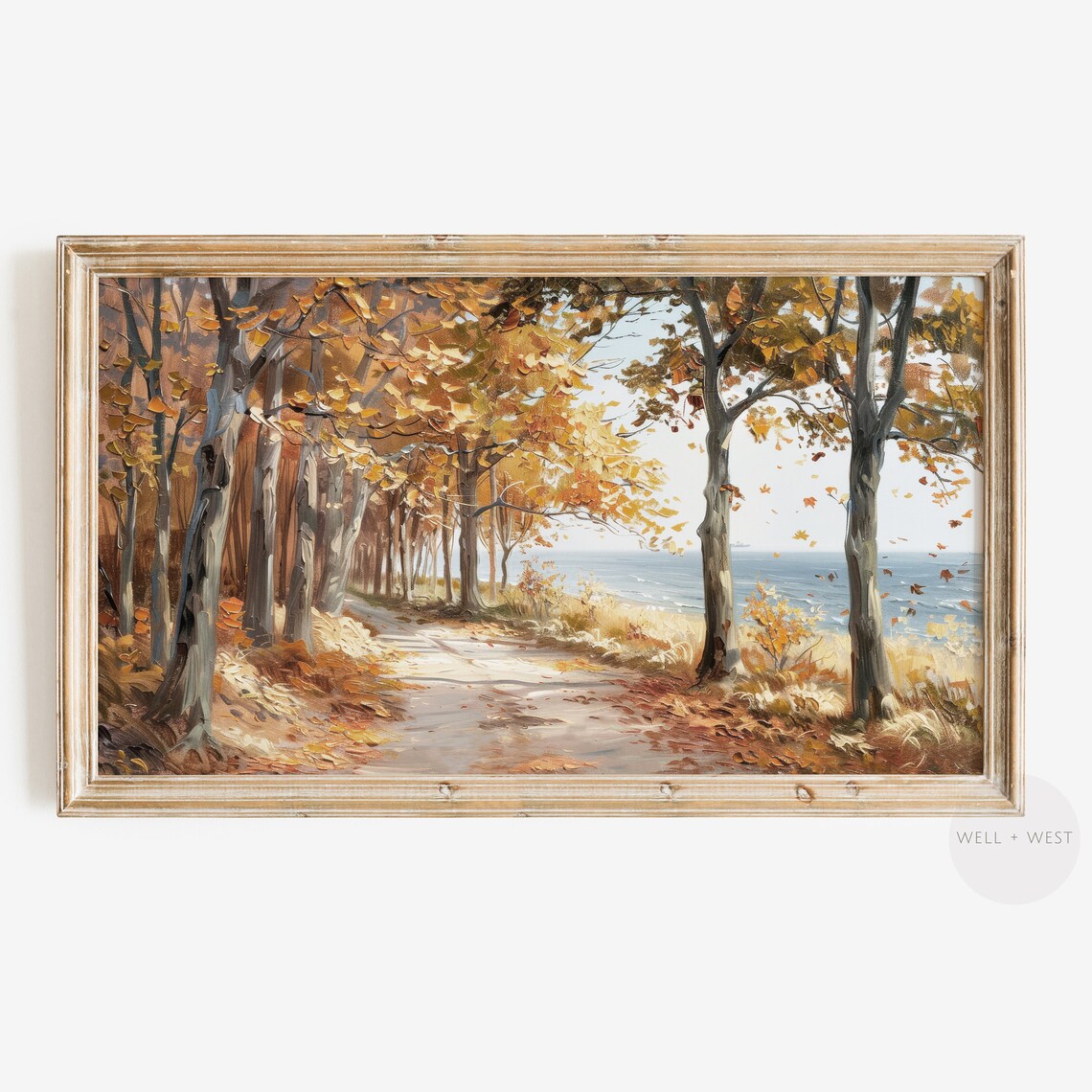 Fall Autumn Ocean Landscape Painting, Vintage Style