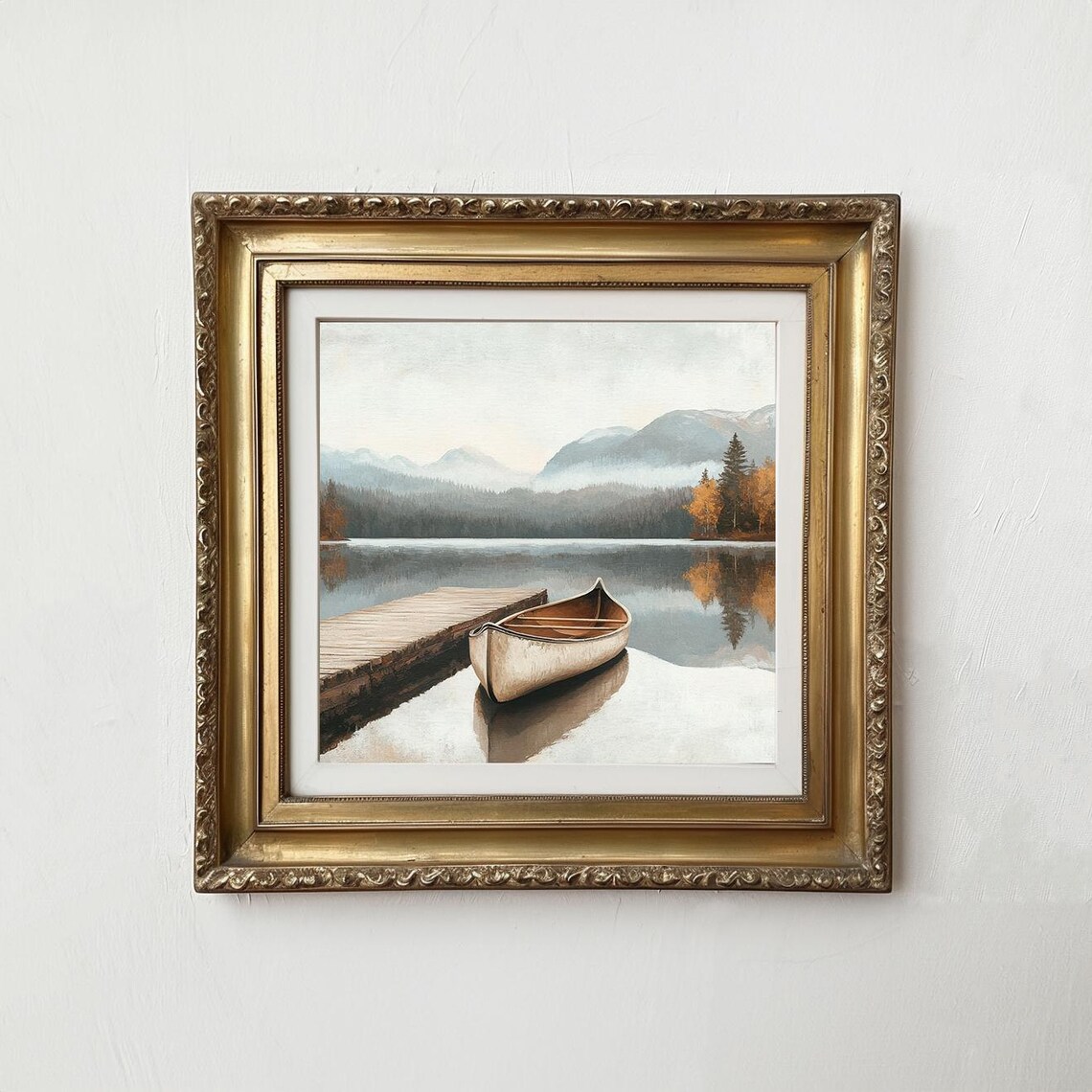 Fall Lake Row Boat Vintage Style Landscape Art Print - Image 3