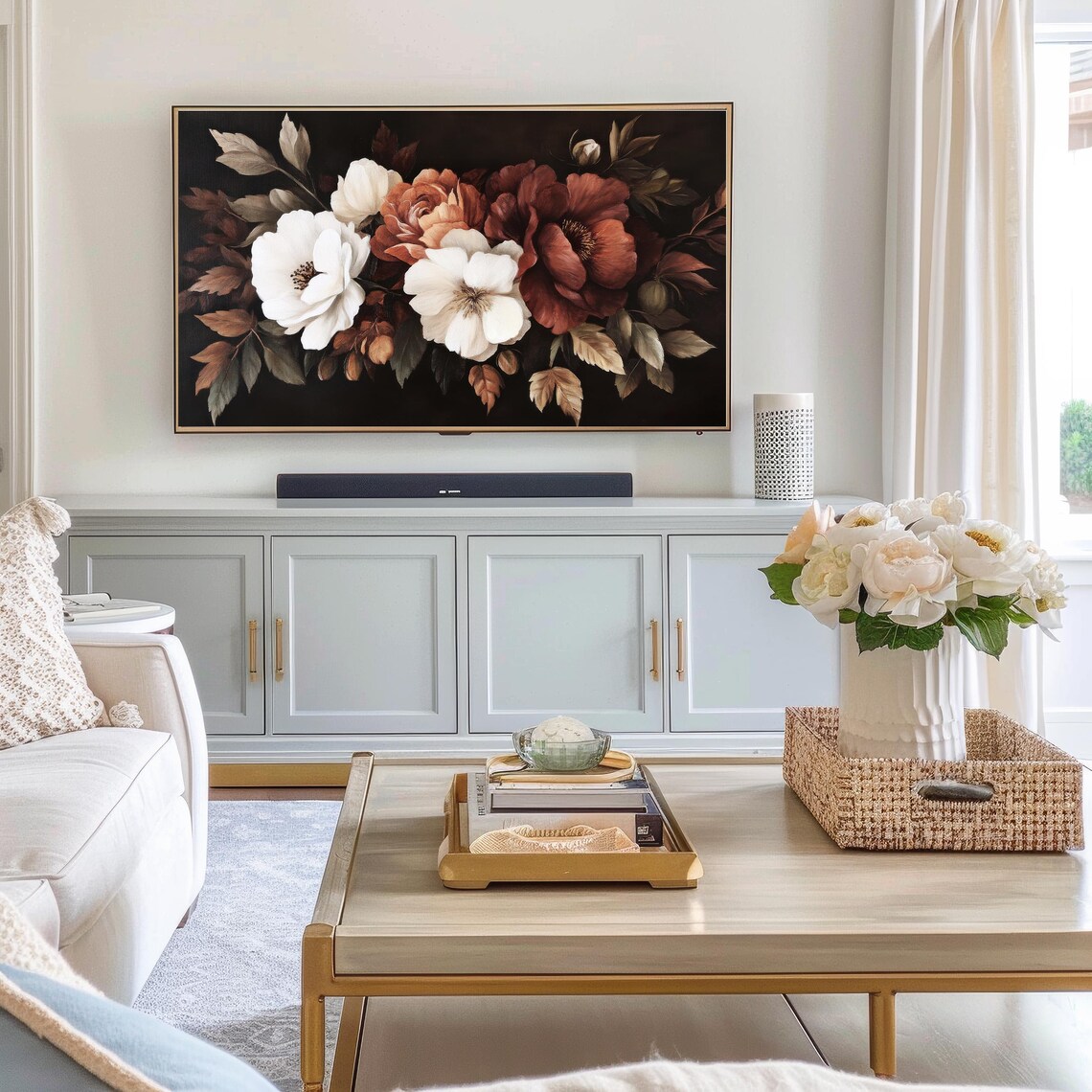Moody Dark Floral Oil Painting White Rust Roses Vintage Art Print - Image 2