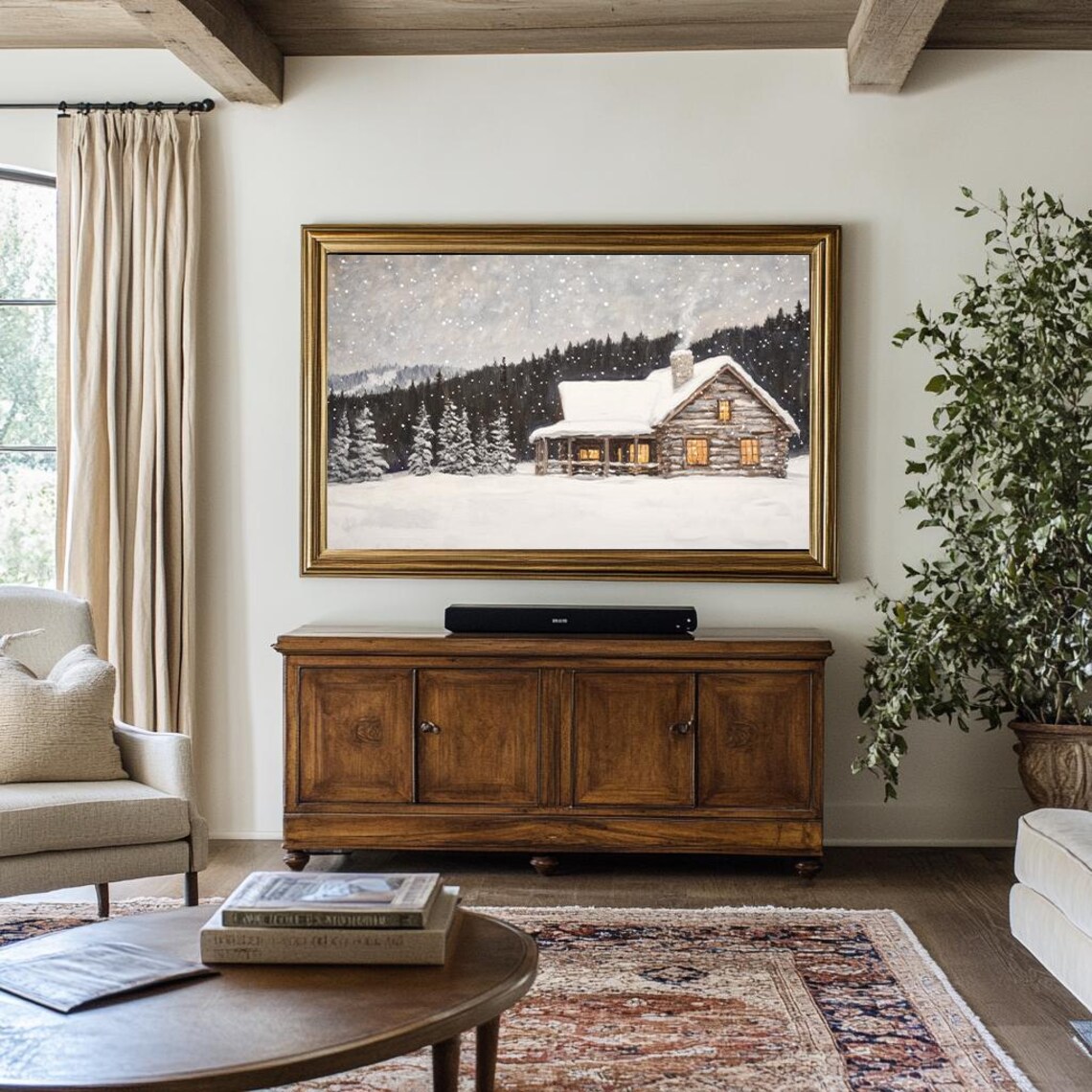 Winter Cabin Neutral Vintage Style Holiday Art Print - Image 2