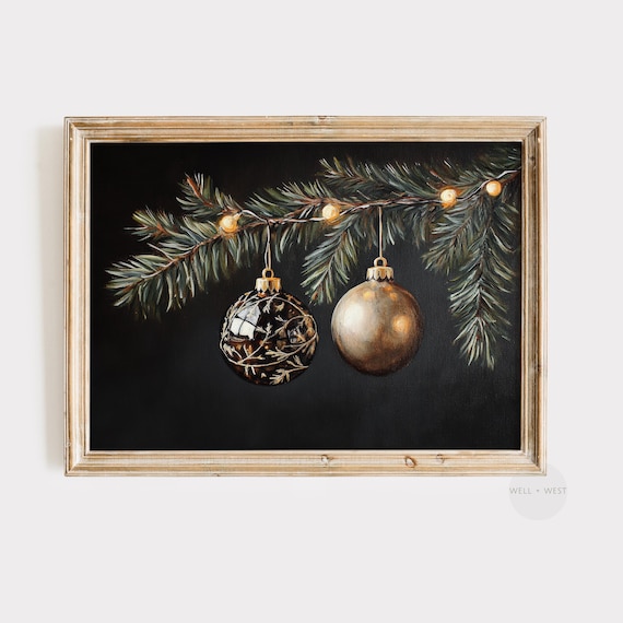 Gold Christmas Ornaments Print Vintage Style Festive Wall Art Moody Holiday Art Neutral Winter Christmas Tree Print P376