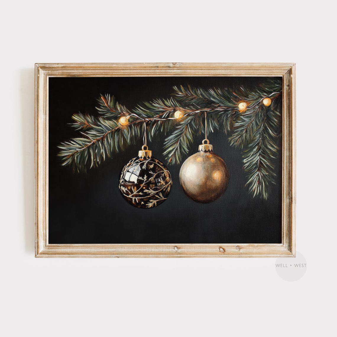 Moody Gold Christmas Ornaments Pine Branch Lights Holiday Poster