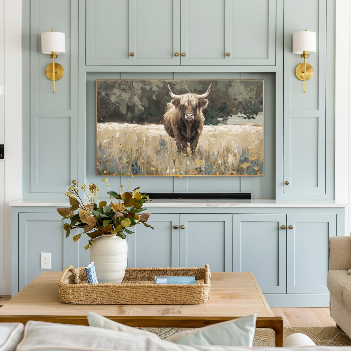Frame Tv Art Highland Cow Vintage Style Wildflower Field Painting Summer Country Farmhouse Decor Scottish Cattle Tv065 - Image 2