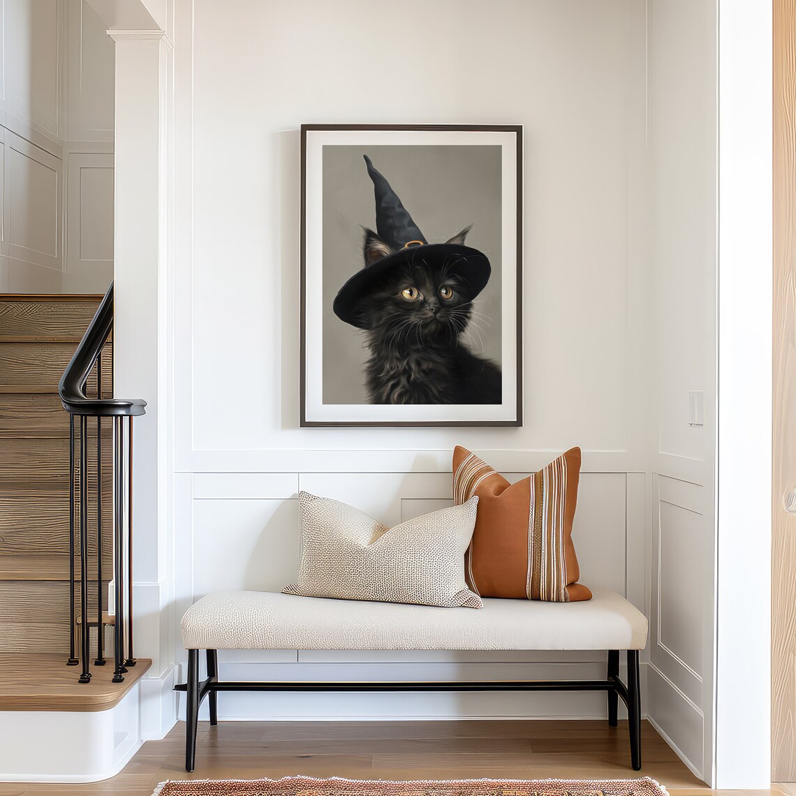 Black Cat Vintage Halloween Witch Hat Art Print - Image 3