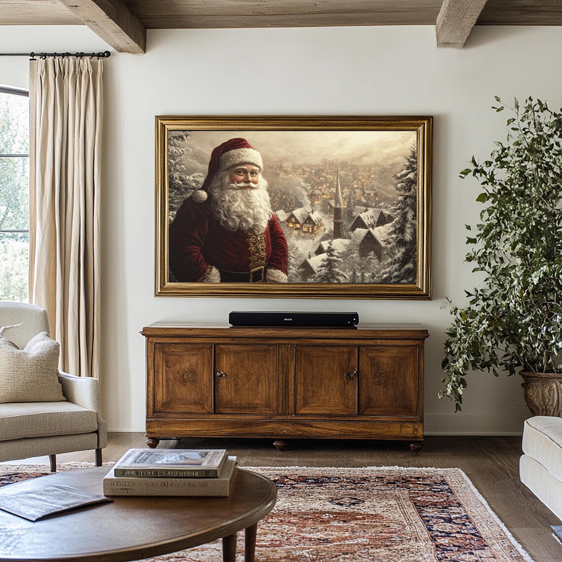 Vintage Santa Claus Overlooking Snowy Village Christmas Town Poster - Image 2