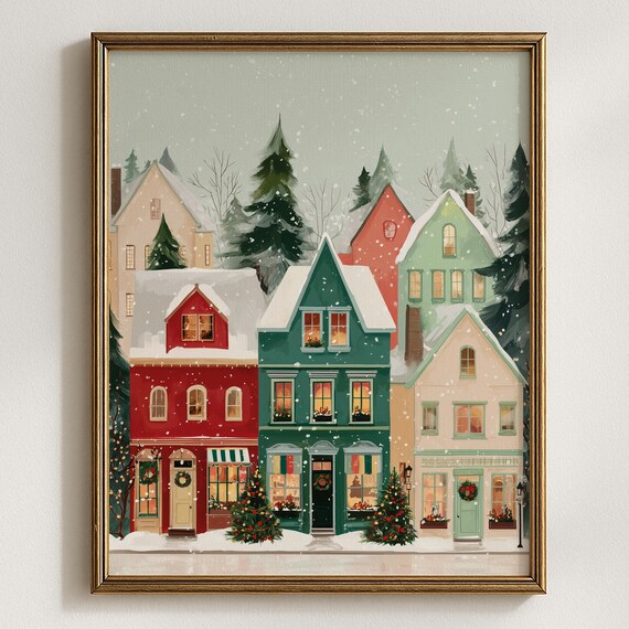 Snowy Christmas Village Cozy Winter Houses Snowfall Illustration Poster
