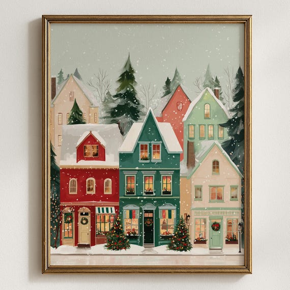 Snowy Christmas Village Wall Art Print Cozy Winter Houses Illustration Scandinavian Holiday Decor Pastel Town Artwork Festive Decoration