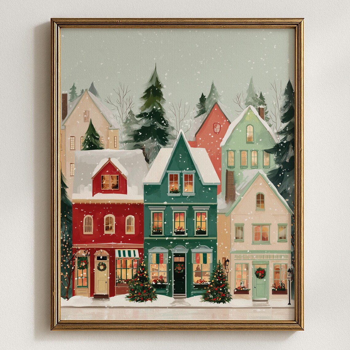 Snowy Christmas Village Cozy Winter Houses Snowfall Illustration Poster