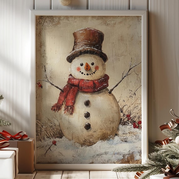 Vintage Snowman Poster Christmas Wall Art Watercolor Decoration Print Rustic Style Holiday Illustration Winter Season