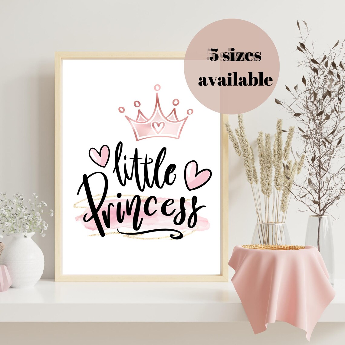 Little Princess Pink Crown Hearts Nursery Quote Poster For Girls Room Art - Image 3