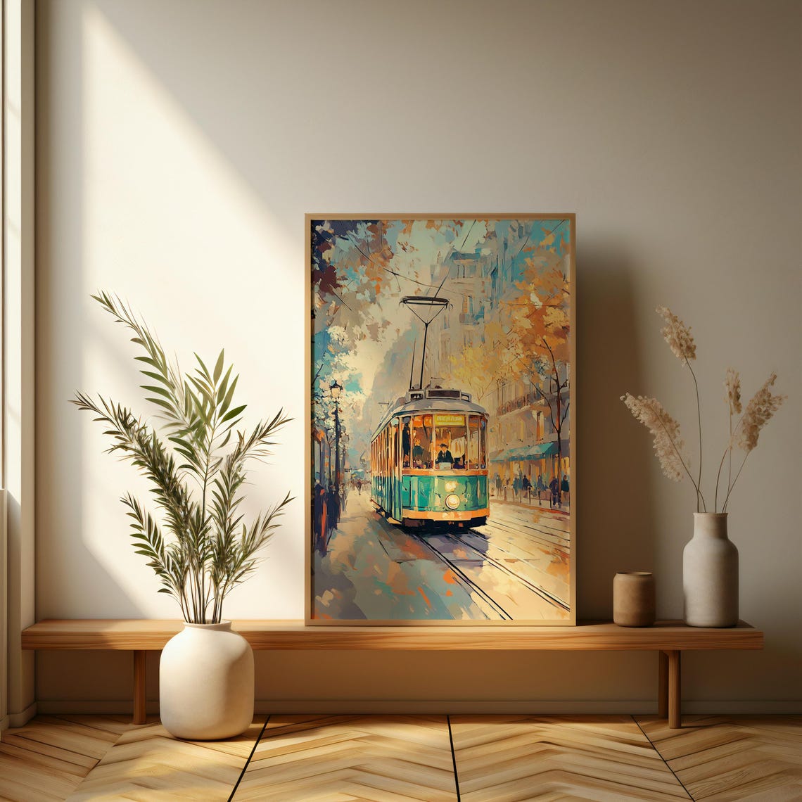 Vintage Tram Ride Through an Autumn City Street Painting Poster - Image 3