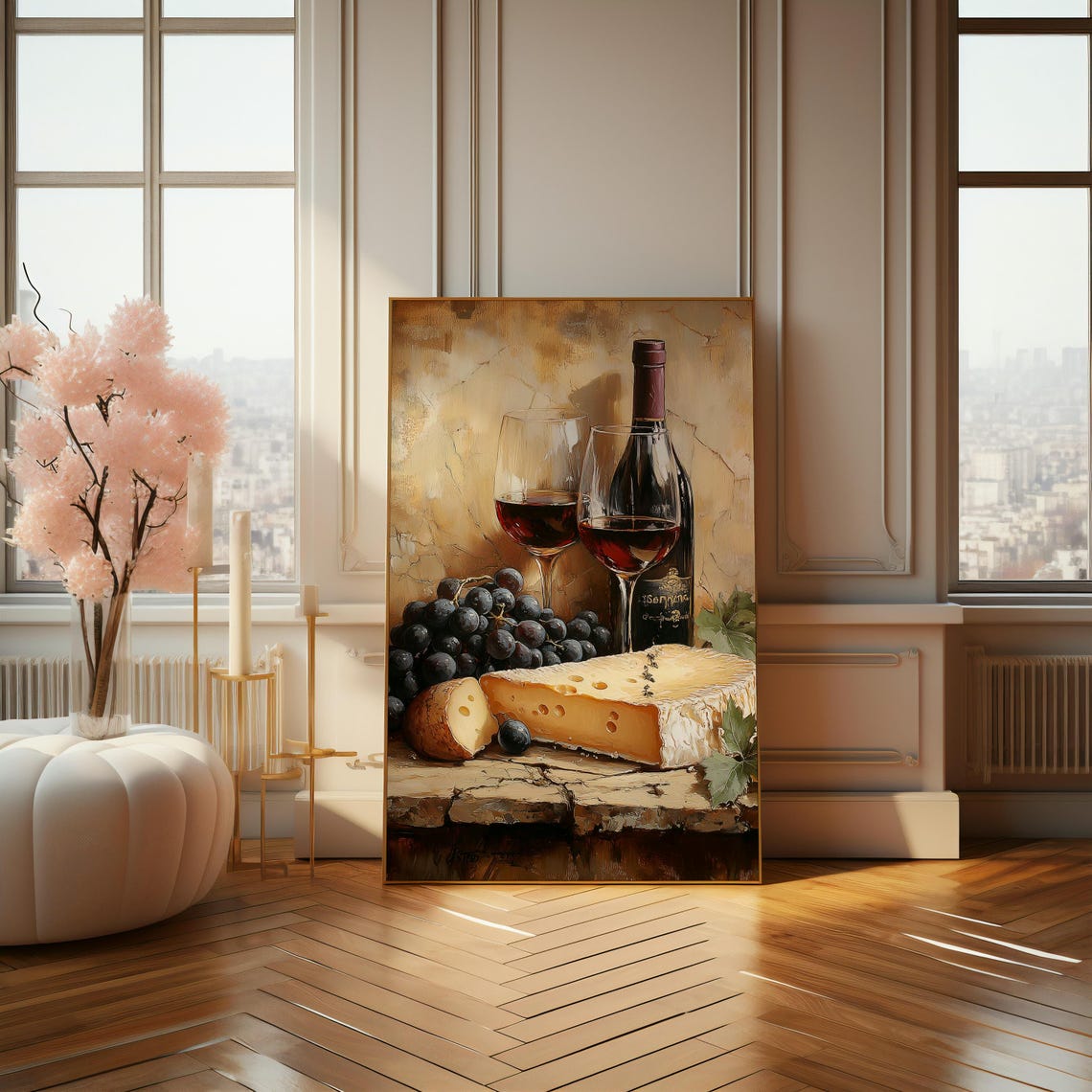 Red Wine Brie Cheese and Grapes Still Life Oil Painting Poster - Image 4