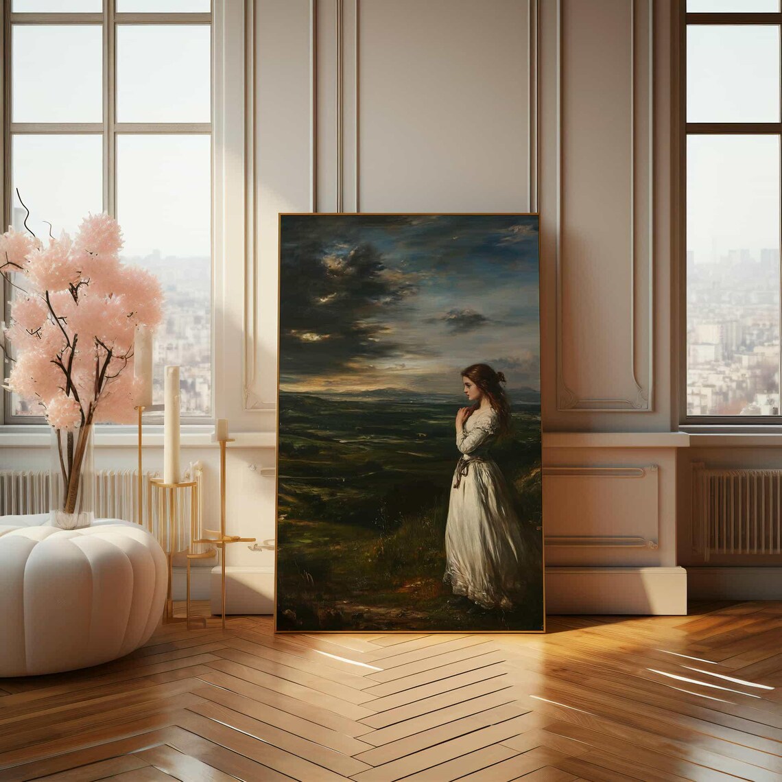 Woman in White Gown on Moorland Dusk Romantic Painting Poster - Image 4