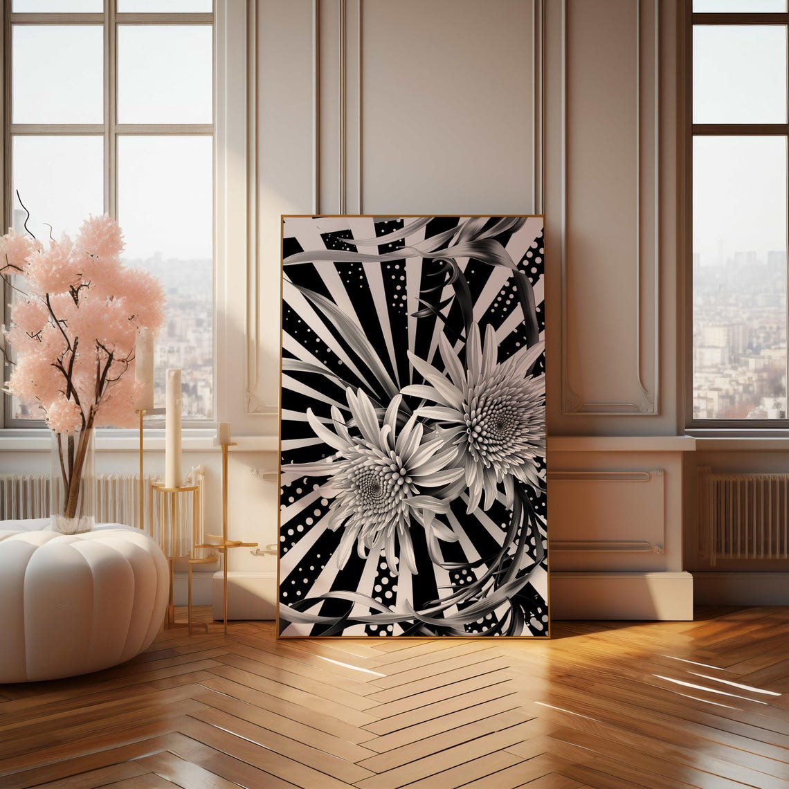Black and White Daisy Sunburst Retro Pop Art Floral Design Poster - Image 4