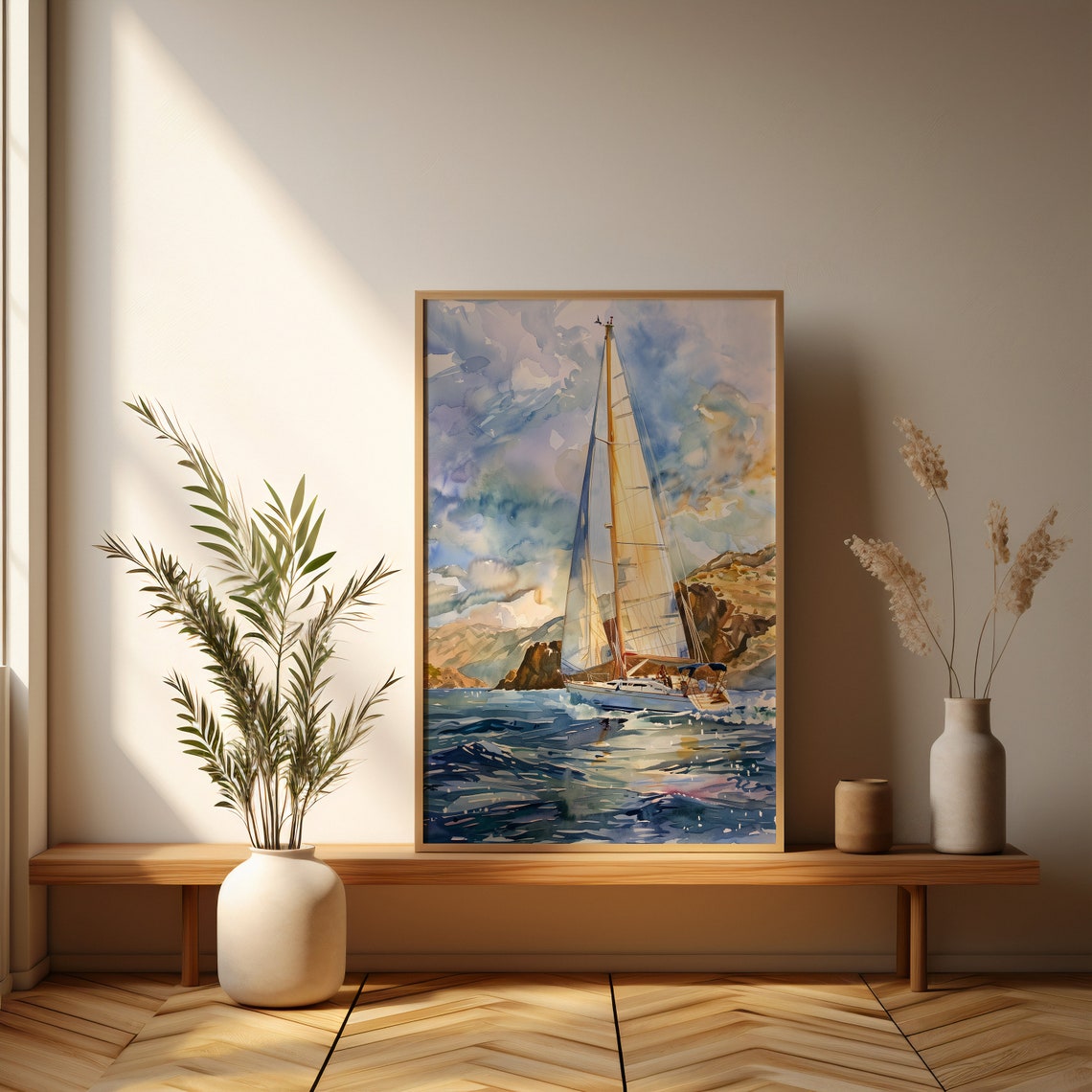 Watercolor Sailboat Sailing Past Rocky Cliffs at Sunset Poster - Image 4