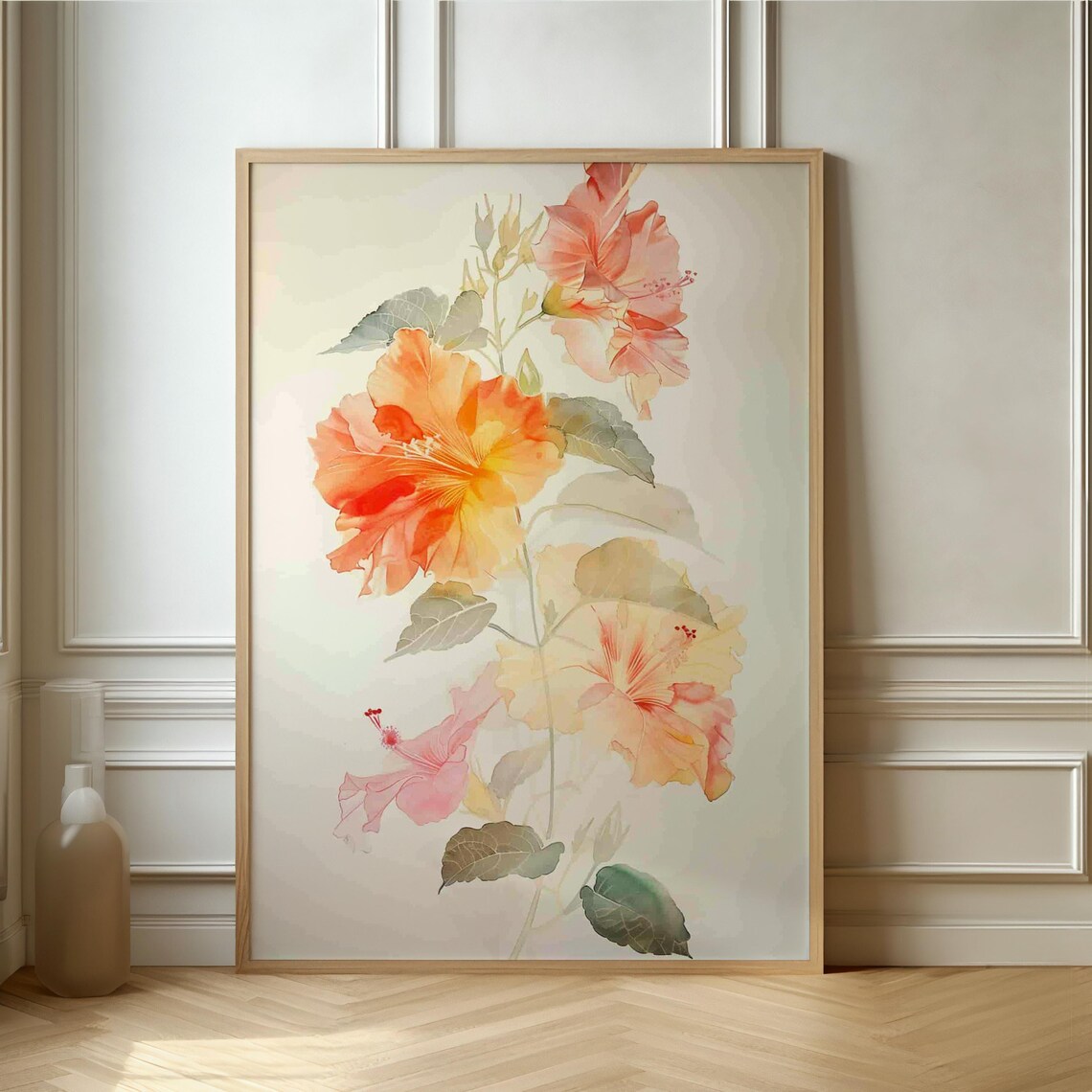 Hibiscus Blossoms Soft Watercolor Botanical Floral Art Poster