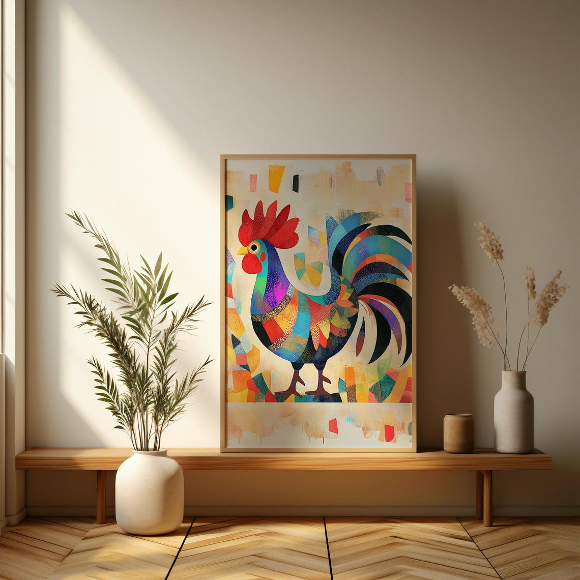 Colorful Geometric Patchwork Rooster Folk Art Modern Decor Poster - Image 3
