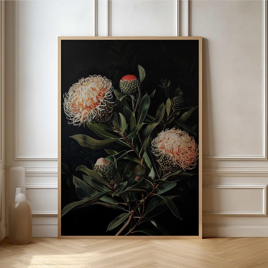 Cream Pincushion Protea Black Still Life Oil Painting Poster