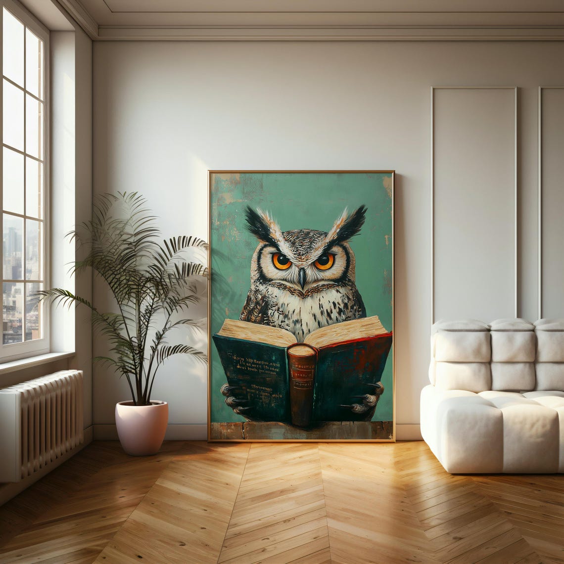 Wise Owl Reading An Open Book Quirky Forest Animal Portrait Poster - Image 2