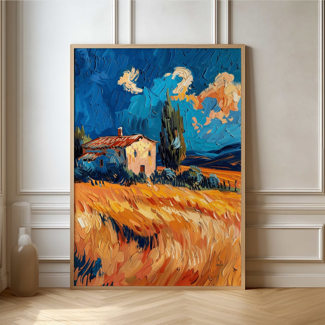 Golden Wheat Field Farmhouse Impasto Landscape Painting Art Poster