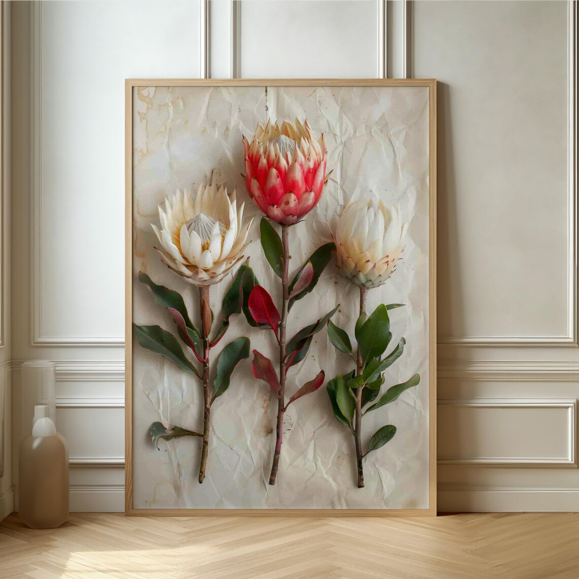 White And Red King Protea Blooms Crumpled Paper Style Art Print