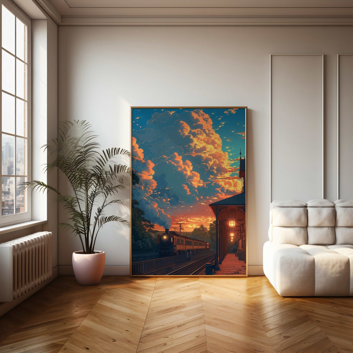 Steam Train Rolling Into a Fiery Orange Sunset Station Poster - Image 2