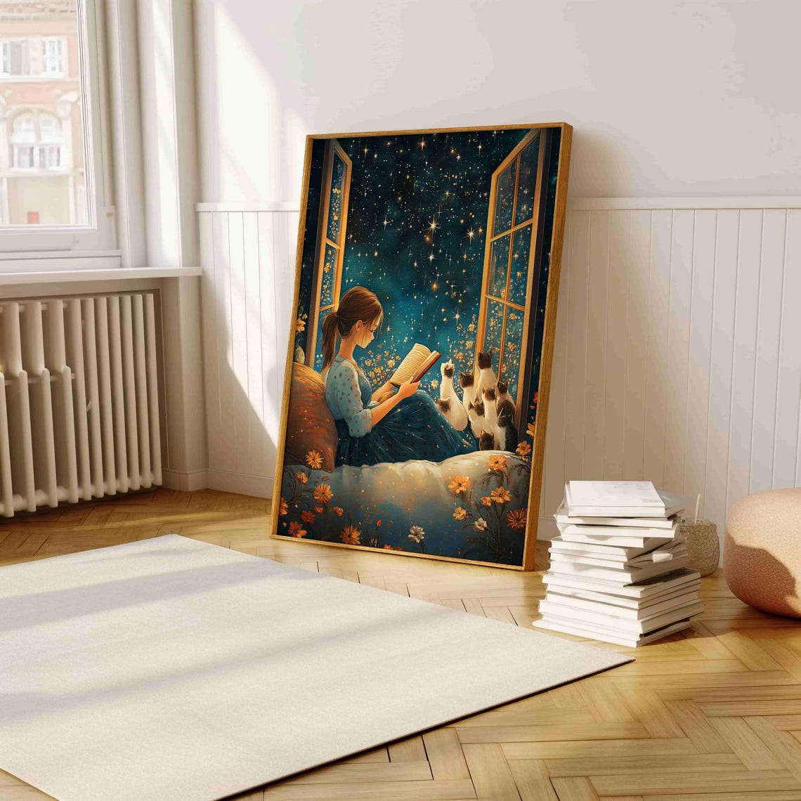 Girl Reading Under Starry Night Sky with Cats Illustration Poster - Image 5