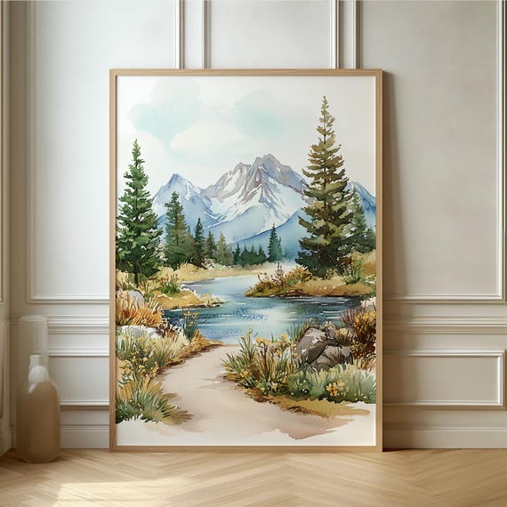Serene Mountain Landscape Poster Tranquil Watercolor Art For Nature Lovers Perfect For Cozy Home Decor