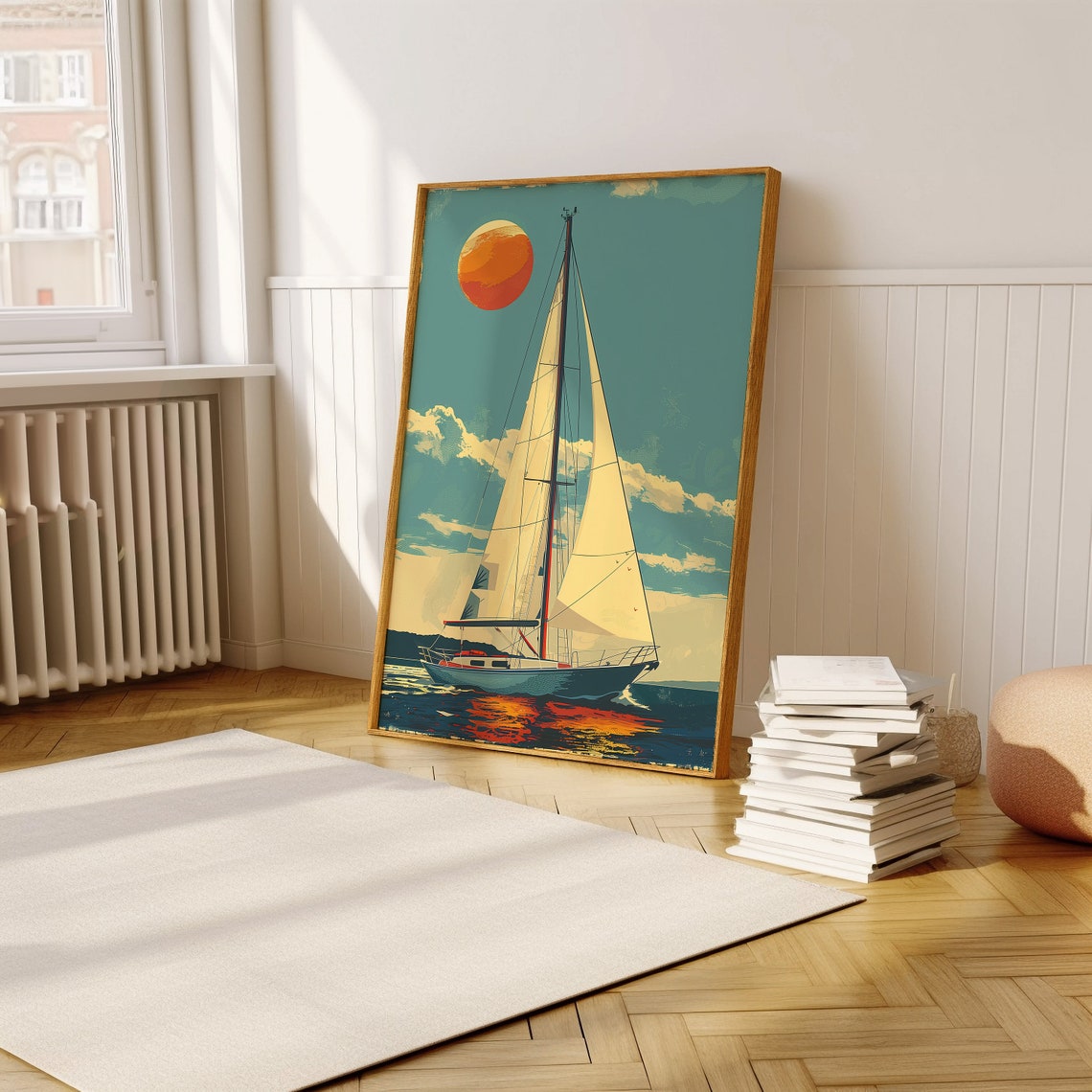 Retro Sailboat Under a Giant Orange Sun on a Teal Sky Art Poster - Image 5
