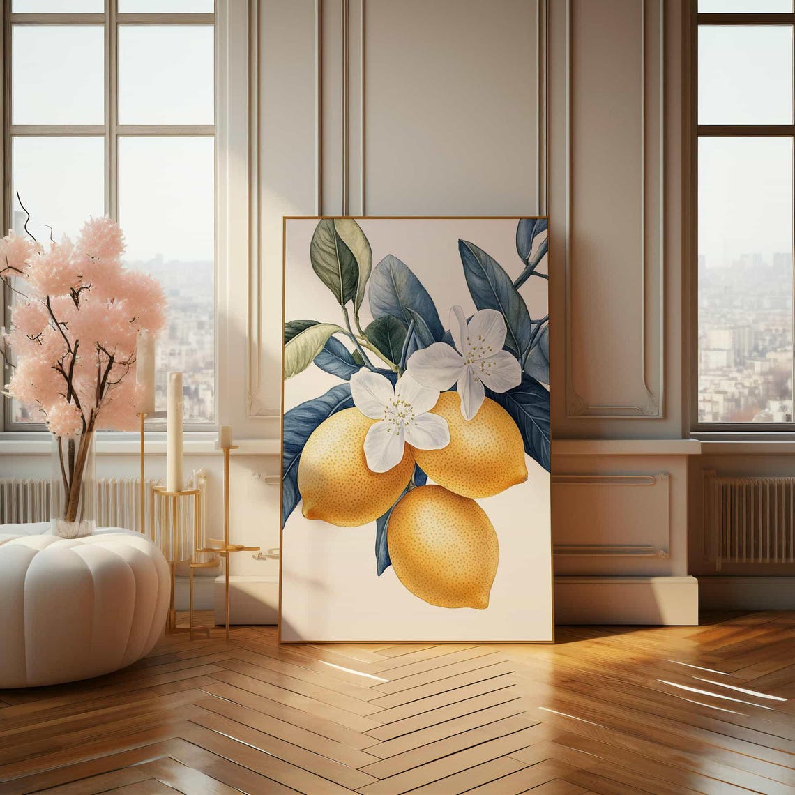 Yellow Lemon Branch with Blossoms Botanical Watercolor Art Poster - Image 4