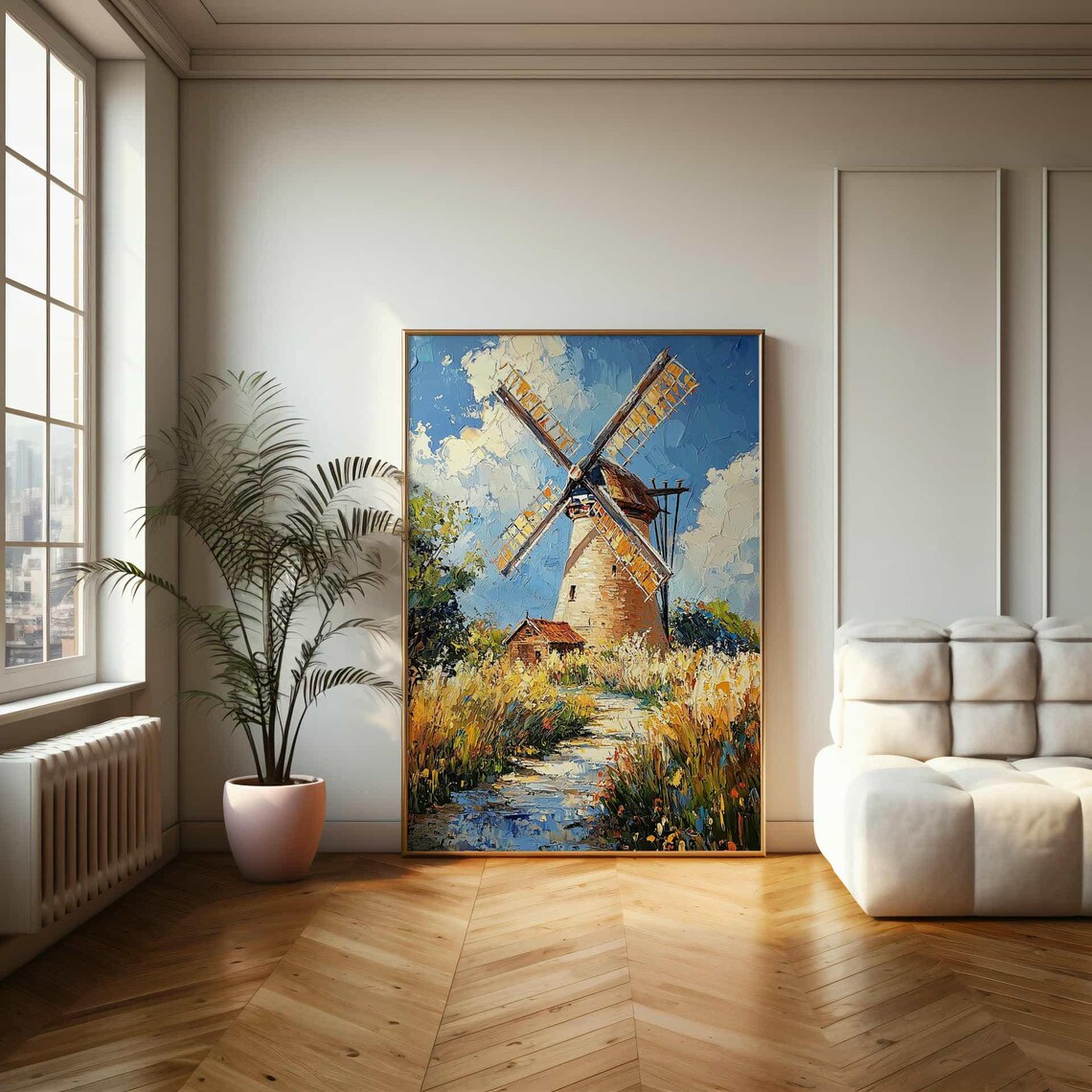 Dutch Windmill in Golden Wheat Field Impasto Oil Painting Poster - Image 2