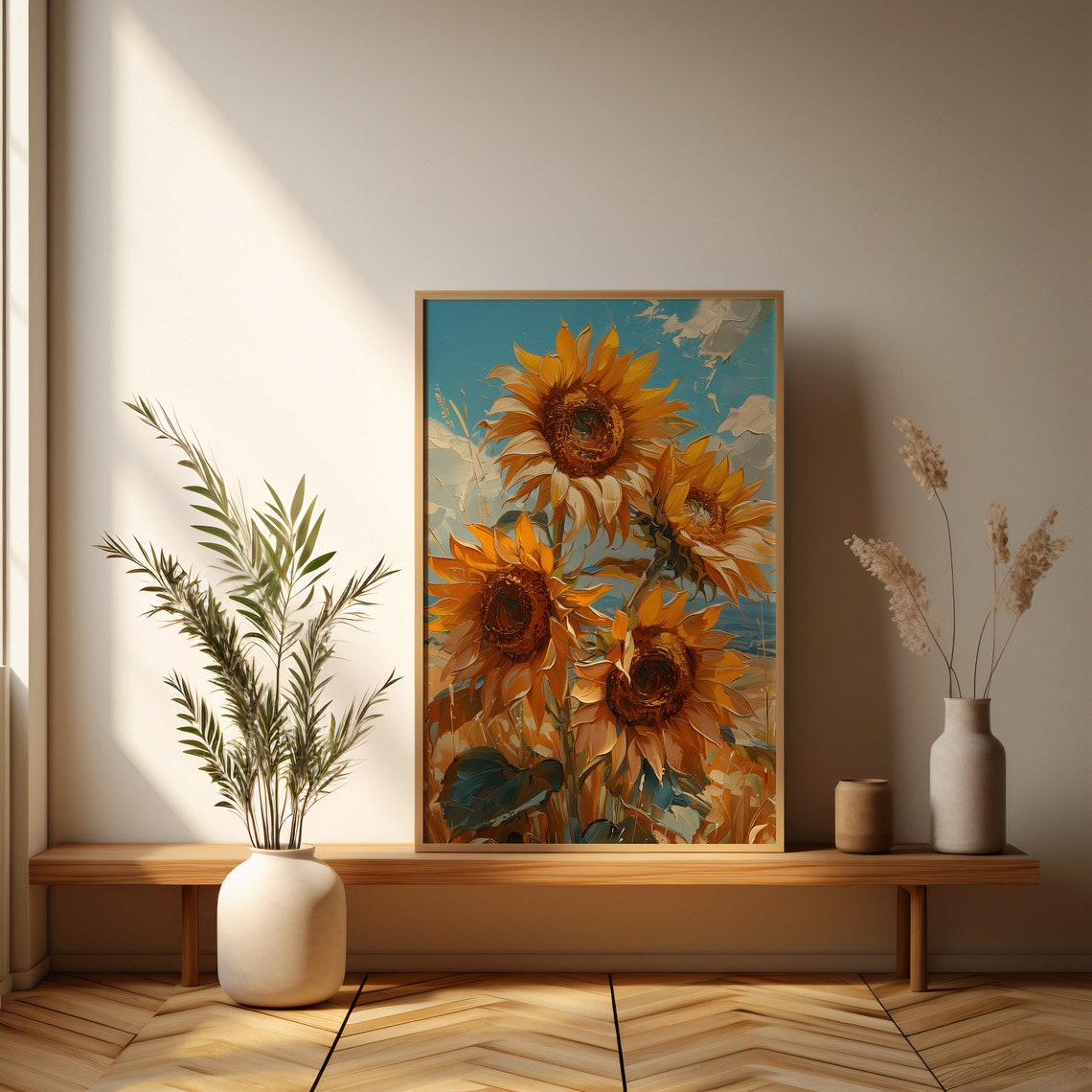 Golden Sunflowers Under a Bright Blue Sky Impressionist Poster - Image 3