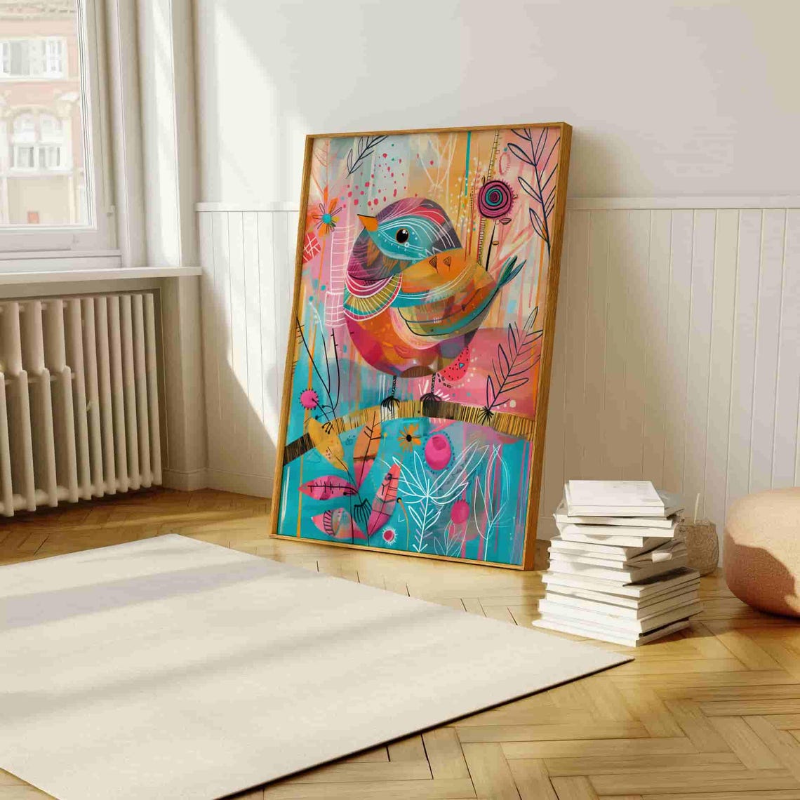 Whimsical Rainbow Songbird Perched Abstract Doodle Art Poster - Image 4