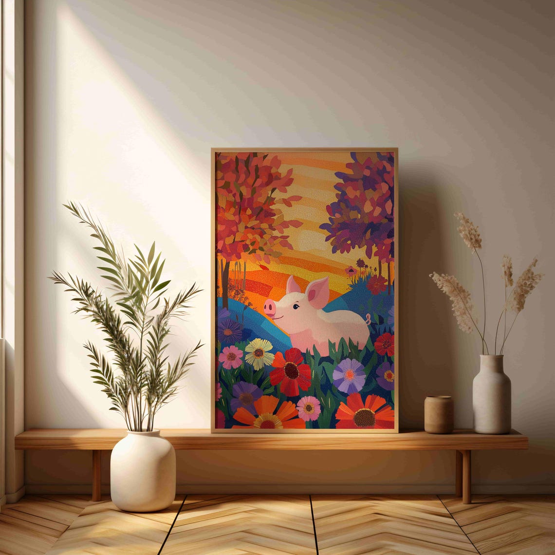Cute Pink Piglet in Wildflower Meadow Sunset Folk Art Poster - Image 3