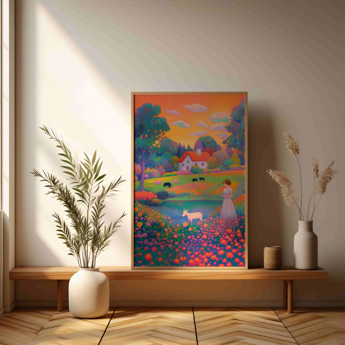 Country Cottage Meadow Wildflowers Pointillism Landscape Scene Poster - Image 3