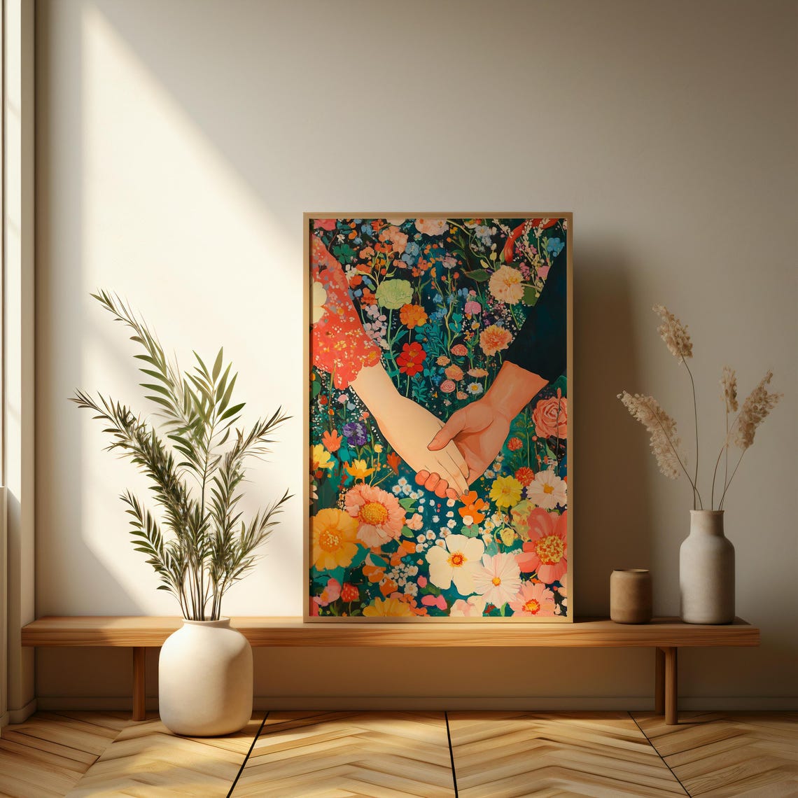 Couple Holding Hands In Wildflower Field Romantic Floral Poster - Image 3