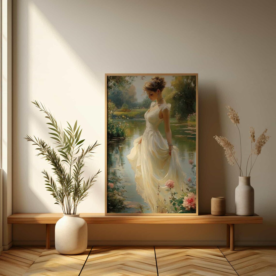 Woman in White Dress by Lily Pond Romantic Garden Painting Poster - Image 3