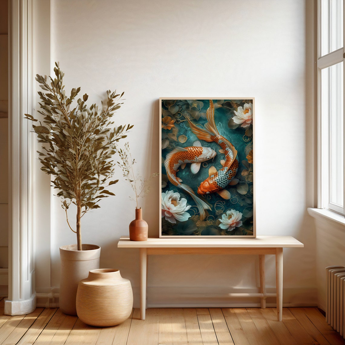 Koi Fish In A Pond With Flowers Symmetrical Harmony Realistic Style Poster - Image 3