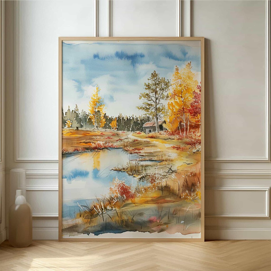 Rustic Autumn Cabin by Lakeside Watercolor Landscape Painting Poster